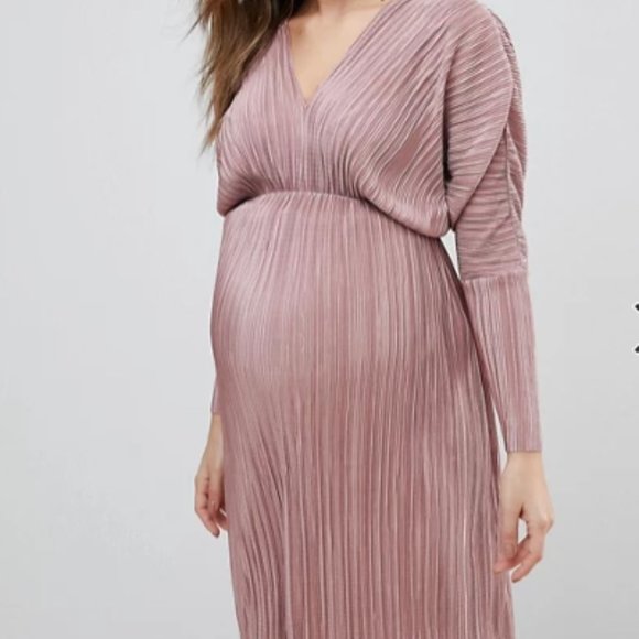 ASOS MATERNITY Batwing V-Neck Plisse Midi Dress - Picture 2 of 6